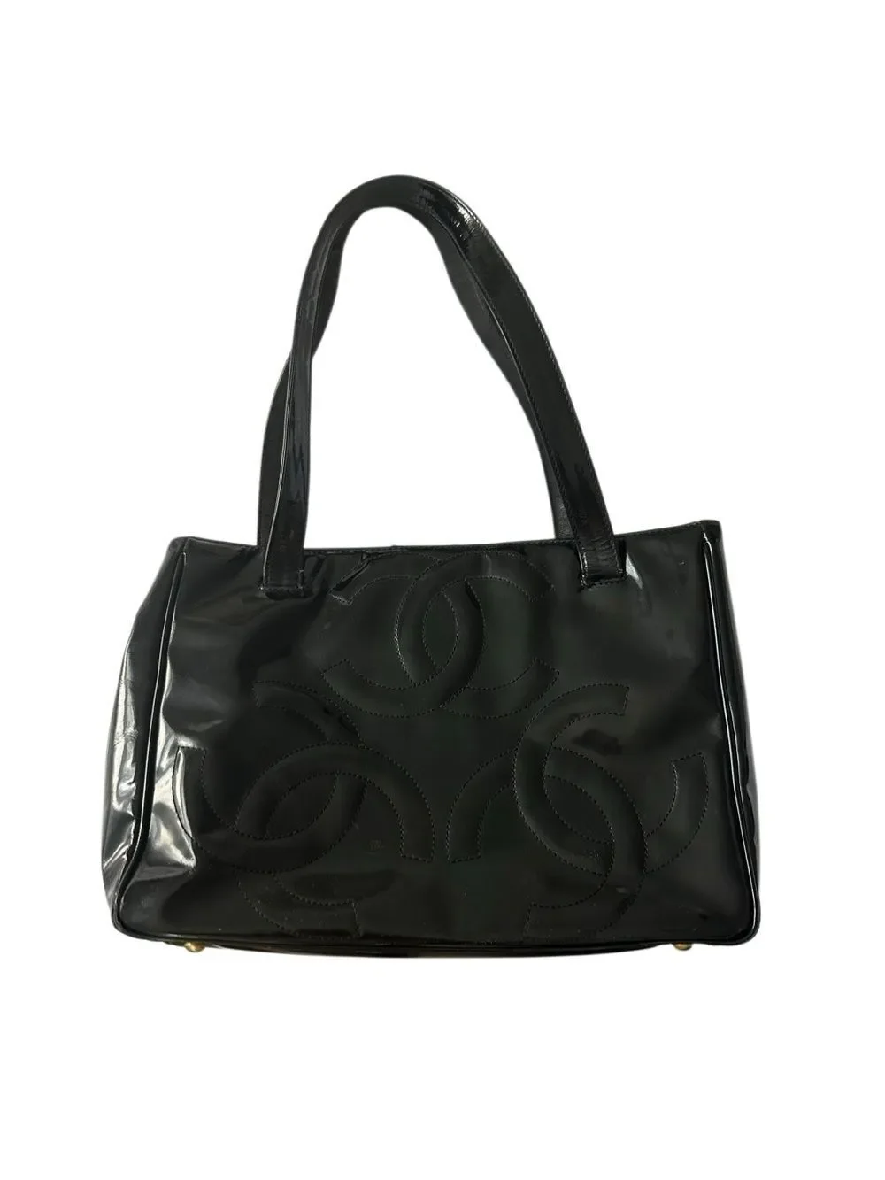 CHANEL Black Patent Leather Quilted Shoulder Bag with CC Motif